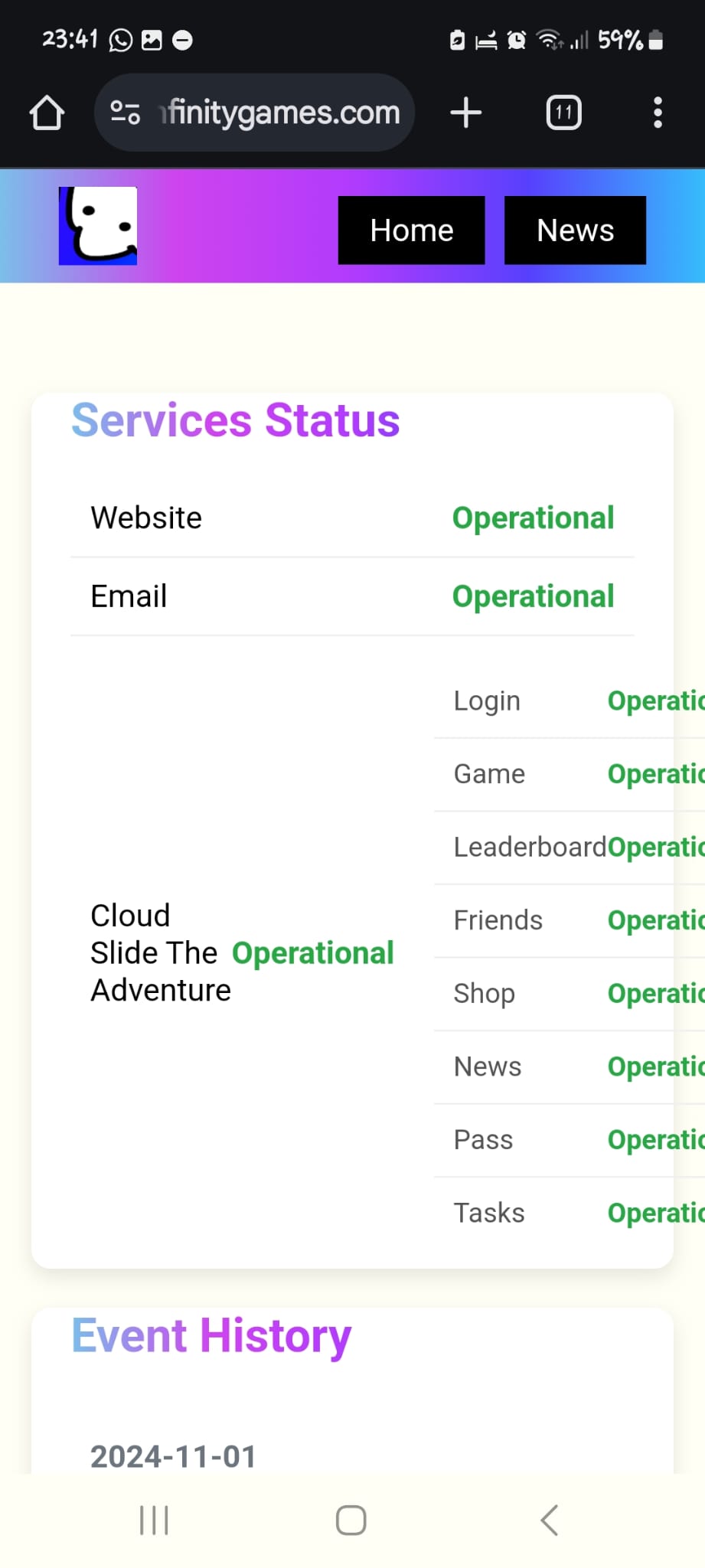 the service status page